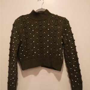 Zara Green Cowl Neck Sweater with Pearls.